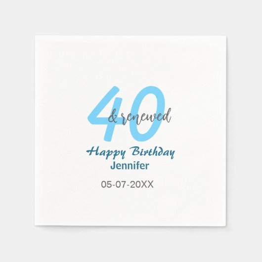 40th & renewed birthday name date blue bold number servet (Voorkant)