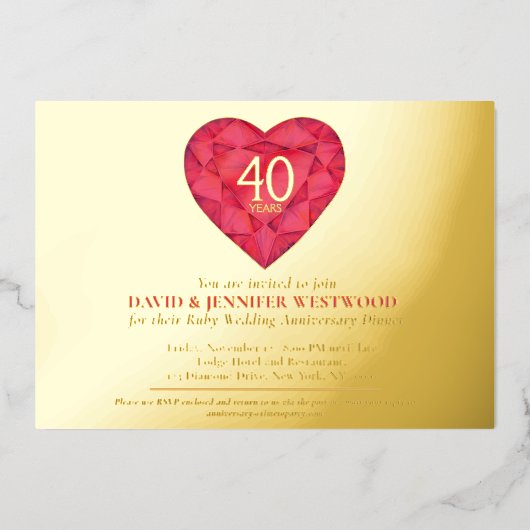 40th Ruby Bruiloft Jubileum waterverf hart Folie Uitnodiging (Voorkant)