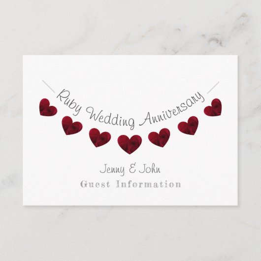 40th Ruby Huwelijksverjaardag feest / gastgegevens Informatiekaartje (Voorkant)