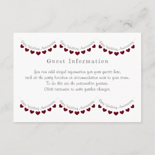 40th Ruby Huwelijksverjaardag feest / gastgegevens Informatiekaartje (Achterkant)