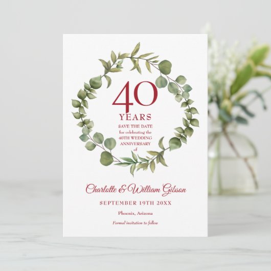 40th Ruby Jubileum Save the Date Greenery Kaart (Staand voorkant)