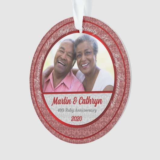 40th Ruby Red Anniversary with Damask and Photo Ornament (voorkant)