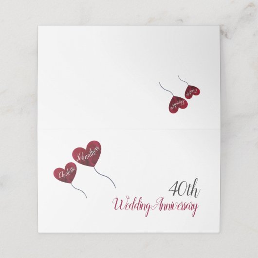 40th Ruby verjaardag rode hart ballonnen wit Plaatskaartje (Buitenkant ongevouwen)