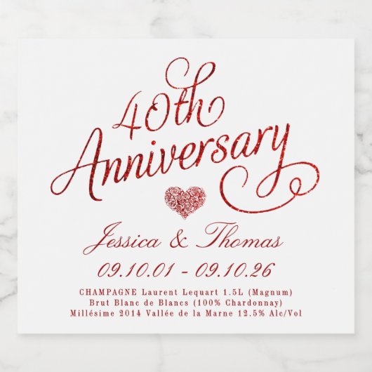 40th Ruby Wedding Anniversary Sparkling Wijnetiket (Enkel label)