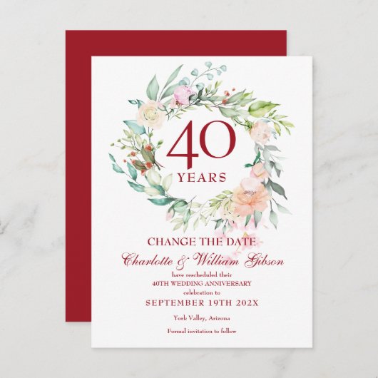 40th Ruby Wedding Jubileum Verander de Datum Aankondigingskaart (Voorkant / Achterkant)