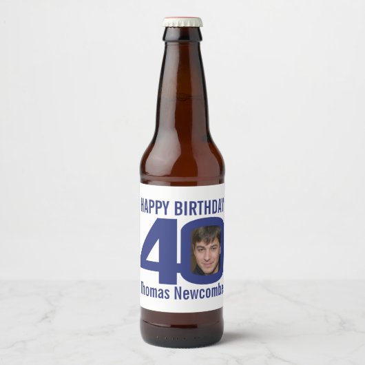 40th Verjaardag aangepaste naam navy blauw wit fot Bier Etiket (Voorkant)