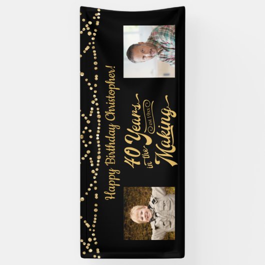 40th Verjaardag Retro Zwart Goud String Lights Fot Spandoek (Verticaal)