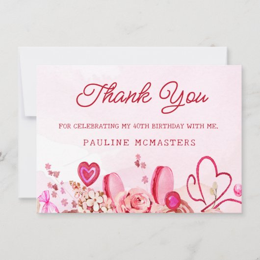 40th Verjaardag Roze Rose Swirly Heart Dank u (Voorkant)