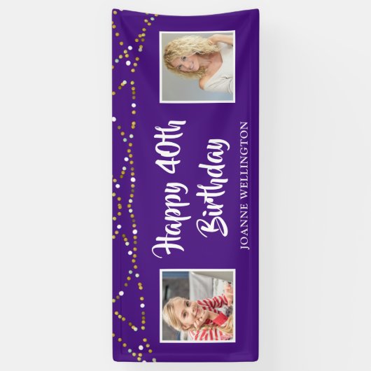 40th Verjaardag String Lights Foto Paarse Spandoek (Verticaal)