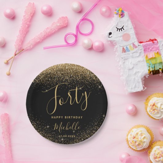40th Verjaardag Zwart Goud Glitter Sparkle Naam Papieren Bordje (Feest)