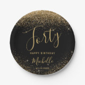 40th Verjaardag Zwart Goud Glitter Sparkle Naam Papieren Bordje (Voorkant)