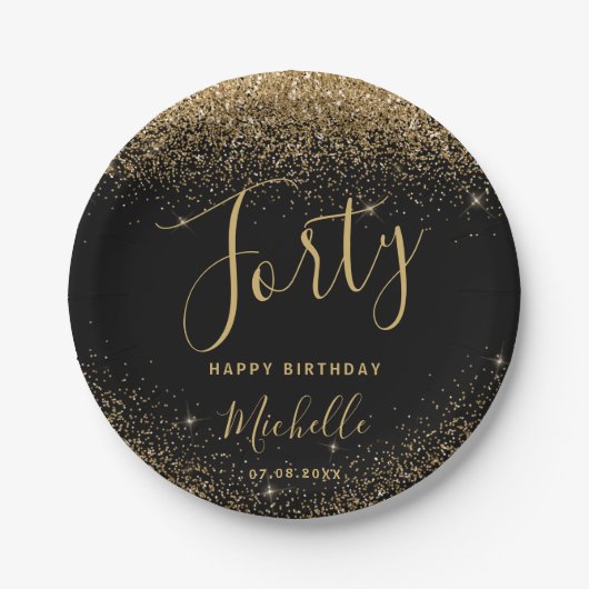 40th Verjaardag Zwart Goud Glitter Sparkle Naam Papieren Bordje (Voorkant)