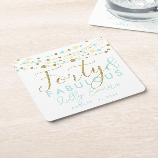 40th verjaardagsgoud en blauwgroen aangepaste onde kartonnen onderzetters (Schuin)