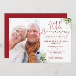 40th Wedding Anniversary Floral Greenery Photo Kaart