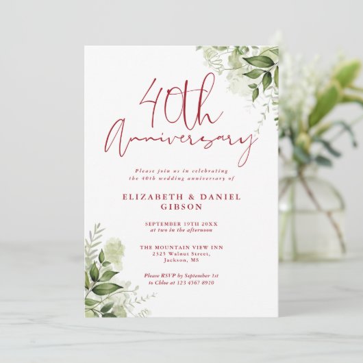 40th Wedding Anniversary Greenery Ruby Script Kaart (Staand voorkant)