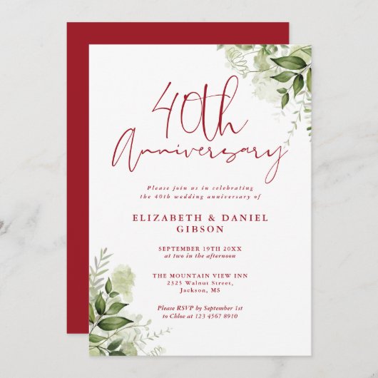 40th Wedding Anniversary Greenery Ruby Script Kaart (Voorkant / Achterkant)