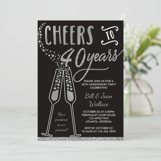 40th Wedding Jubileum Invitation, Faux Glitter Kaart (Staand voorkant)