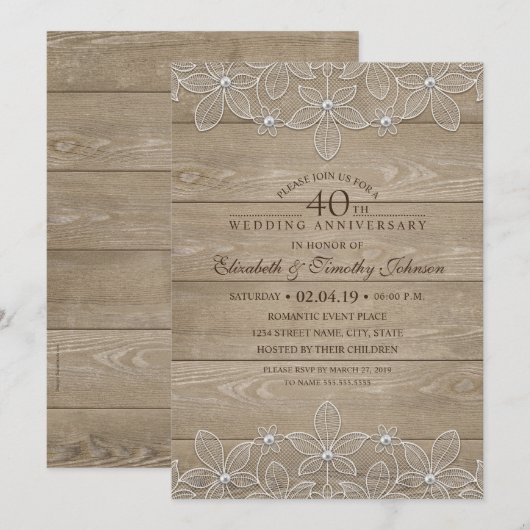 40th Wedding Jubileum Rustic Wood  Lace Kaart (Voorkant / Achterkant)
