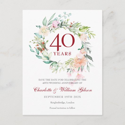 40th Wedding Ruby Jubileum Save the Date Floral Aankondigingskaart (Voorkant)
