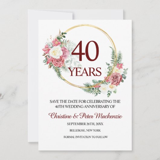 40th Wedding Ruby Roses Anniversary Save The Date (Voorkant)