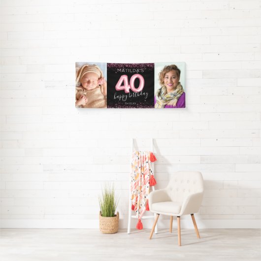 40th Zwart Roze Gelukkige Verjaardag Foto Banner (Insitu)
