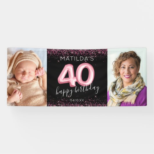 40th Zwart Roze Gelukkige Verjaardag Foto Banner (Horizontaal)