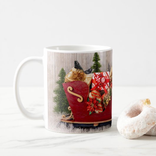 4197-Glitterbomen met slee, Cadeaus en sneeuw Koffiemok (Met donut)