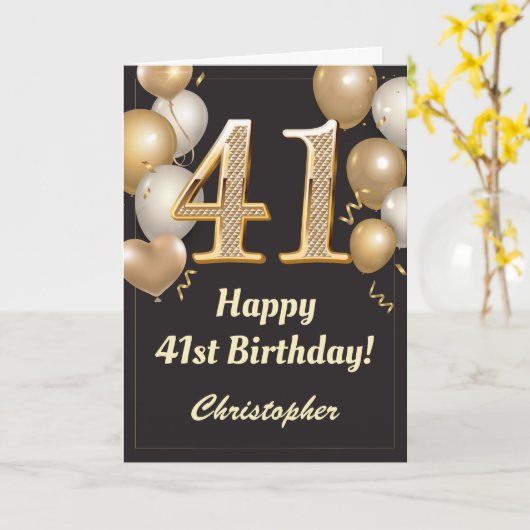 41e Birthday Black en Gold Balloons Confetti Kaart (Gele Bloem)