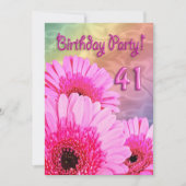 41e Birthday party, uitnodiging met roze bloemen (Voorkant)