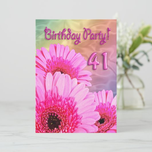 41e Birthday party, uitnodiging met roze bloemen (Staand voorkant)