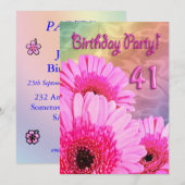 41e Birthday party, uitnodiging met roze bloemen (Voorkant / Achterkant)