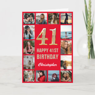 41e Happy Birthday Red en Gold Photo Collage Kaart