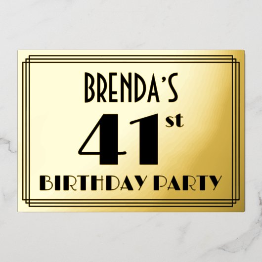 41e verjaardag — Art Deco look "41" + naam Folie Uitnodiging (Voorkant)