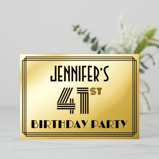 41e verjaardag — Art Deco Style "41" en naam Folie Uitnodiging (Staand Voorkant)