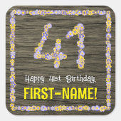 41e verjaardag: Bloemennummer, Faux Wood Look, Naa Vierkante Sticker (Voorkant)