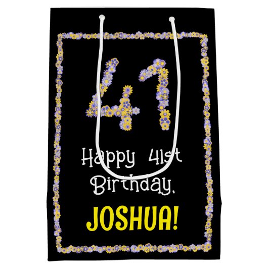 41e verjaardag: Floral Flowers Number, Custom Name Medium Cadeauzakje (Achterkant)