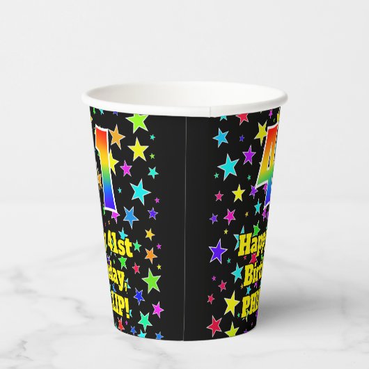 41e verjaardag: Fun Stars Pattern en Rainbow 41 Papieren Bekers (Rechts)