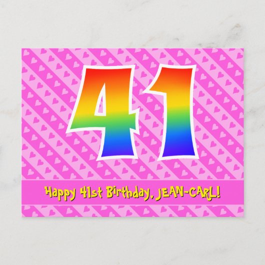 41e verjaardag: Roze strepen & harten, Regenboog 4 Briefkaart (Voorkant)