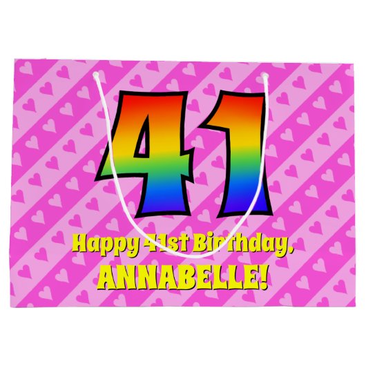 41e verjaardag: roze strepen & harten, regenboog # groot cadeauzakje (Achterkant)