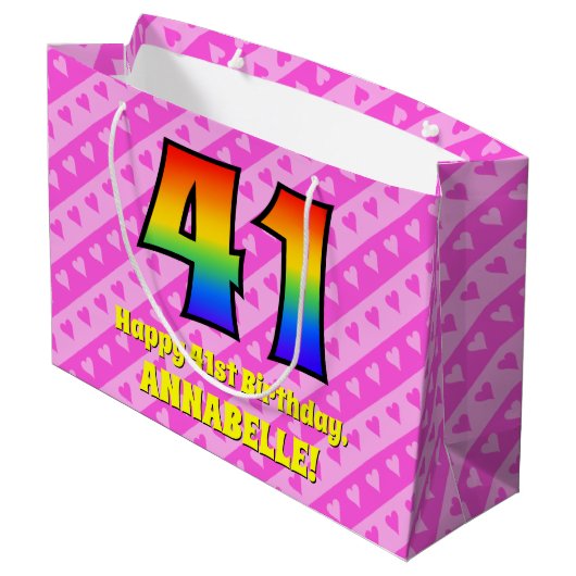 41e verjaardag: roze strepen & harten, regenboog # groot cadeauzakje (Achterkant Gekanteld)