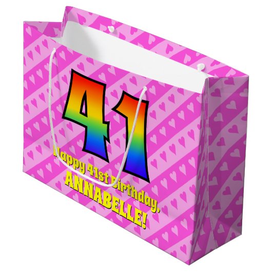 41e verjaardag: roze strepen & harten, regenboog # groot cadeauzakje (Voorkant Gekanteld)