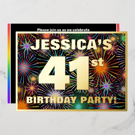 41e verjaardag van de feestdag — Fun, kleurrijke F Folie Uitnodiging (Voorkant / Achterkant)