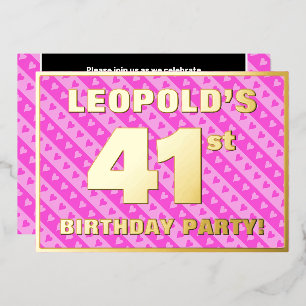 41e verjaardagsfeest — Leuke roze harten en strepe Folie Uitnodiging