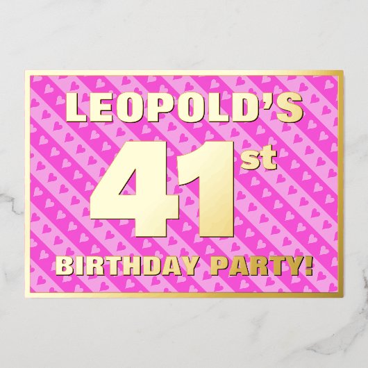 41e verjaardagsfeest — Leuke roze harten en strepe Folie Uitnodiging (Voorkant)