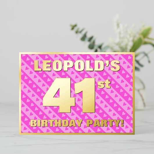 41e verjaardagsfeest — Leuke roze harten en strepe Folie Uitnodiging (Staand Voorkant)
