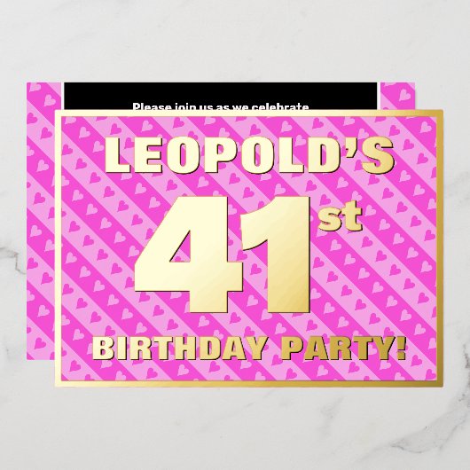41e verjaardagsfeest — Leuke roze harten en strepe Folie Uitnodiging (Voorkant / Achterkant)