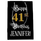 41st Birthday ~ Fancy Script; Faux Gold Look; Name Medium Cadeauzakje (Voorkant)