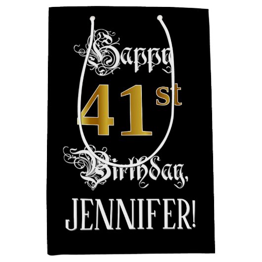 41st Birthday ~ Fancy Script; Faux Gold Look; Name Medium Cadeauzakje (Voorkant)