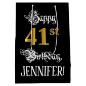 41st Birthday ~ Fancy Script; Faux Gold Look; Name Medium Cadeauzakje (Achterkant)