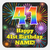41st Birthday: Fun Fireworks Look, Rainbow # 41 Vierkante Sticker (Voorkant)